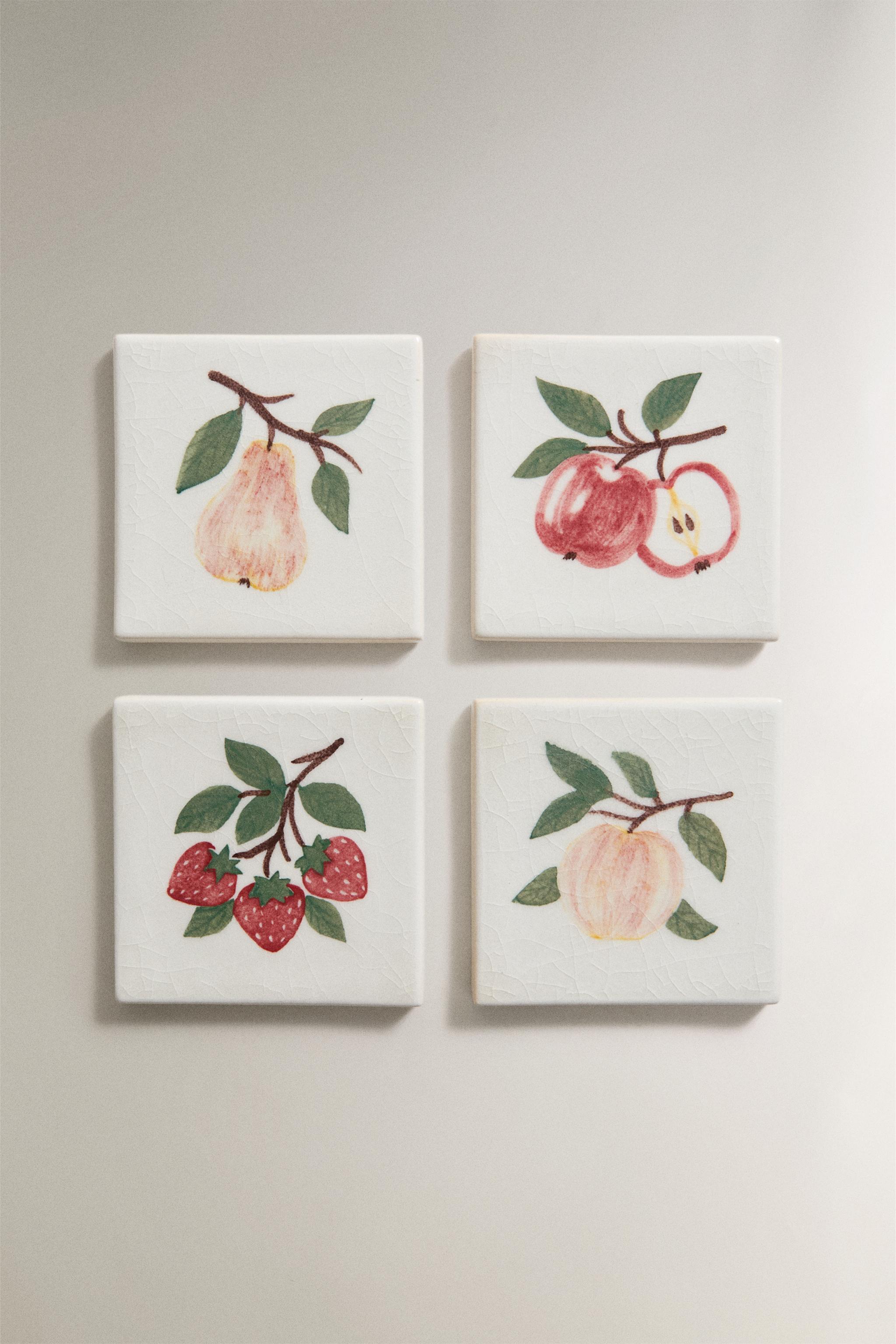 LOT DE 4 DESSOUS DE VERRE EN GRÈS MOTIF FRUITS
